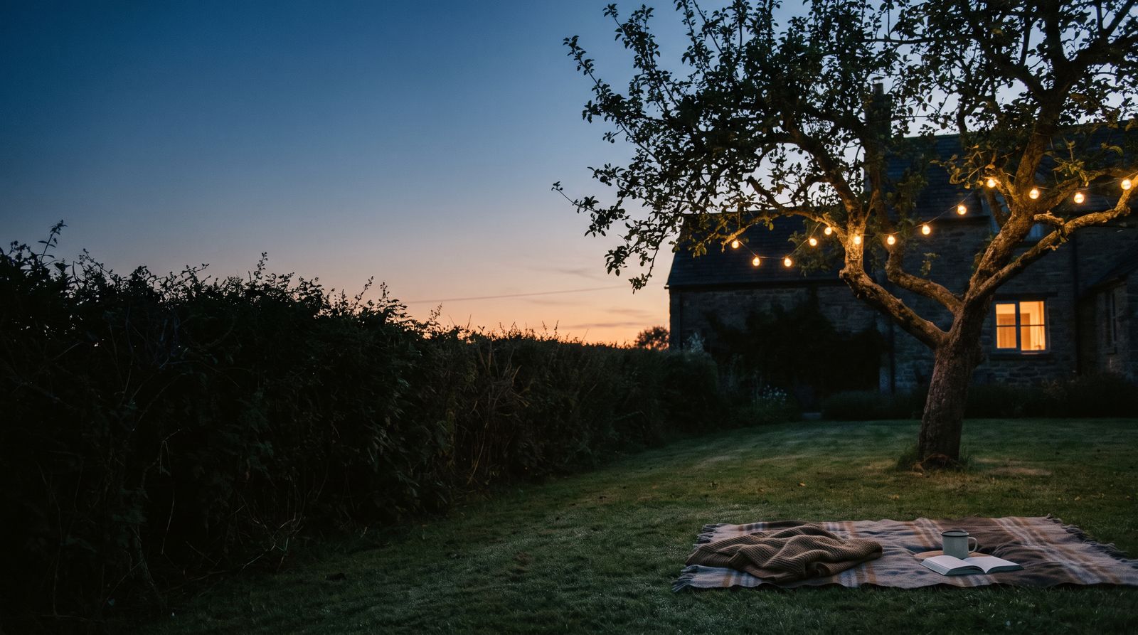 Garten zur blauen Stunde: Lichterkette im Apfelbaum, dahinter ein erleuchtetes Fenster, auf der Wiese eine Picknickdecke mit Buch und Becher