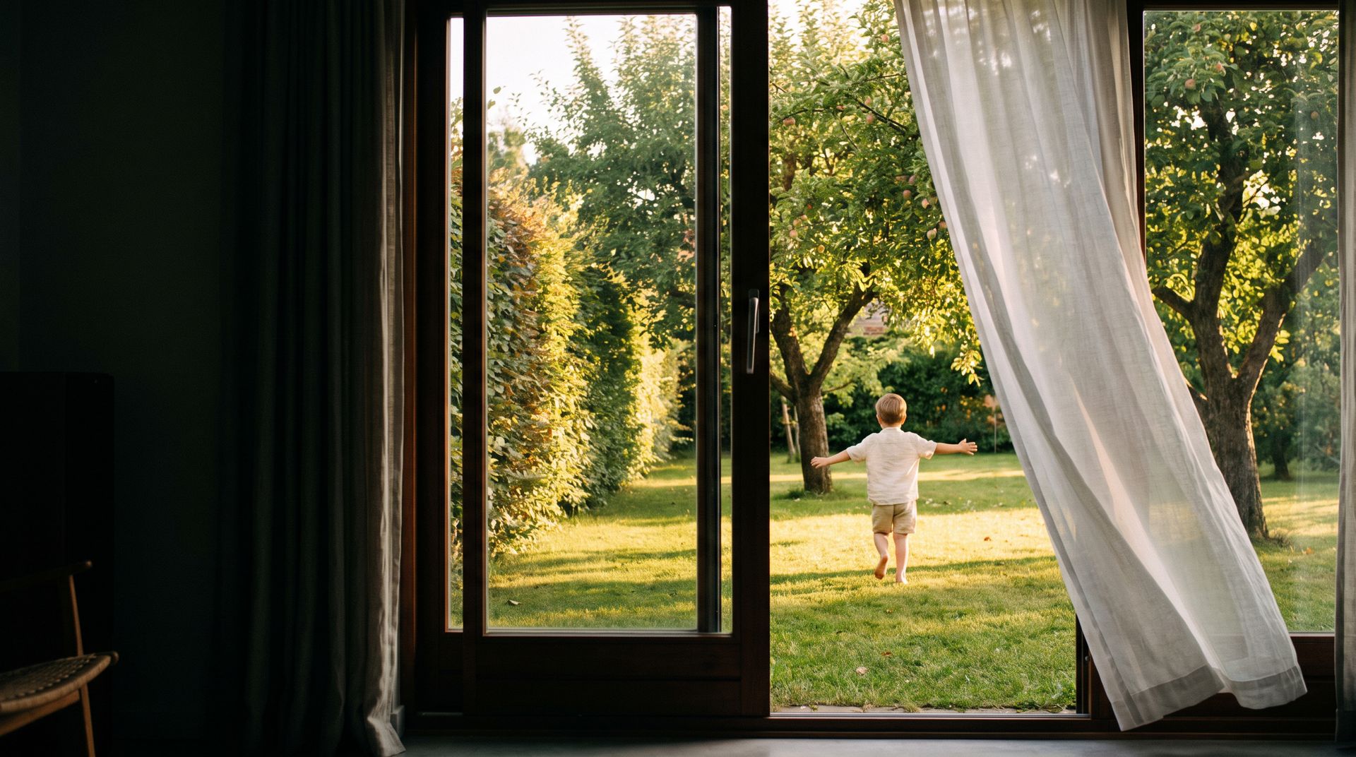 Blick aus einem Wohnzimmer durch die offene Terrassentür in den Garten im Abendlicht; ein Kind läuft barfuß über die Wiese