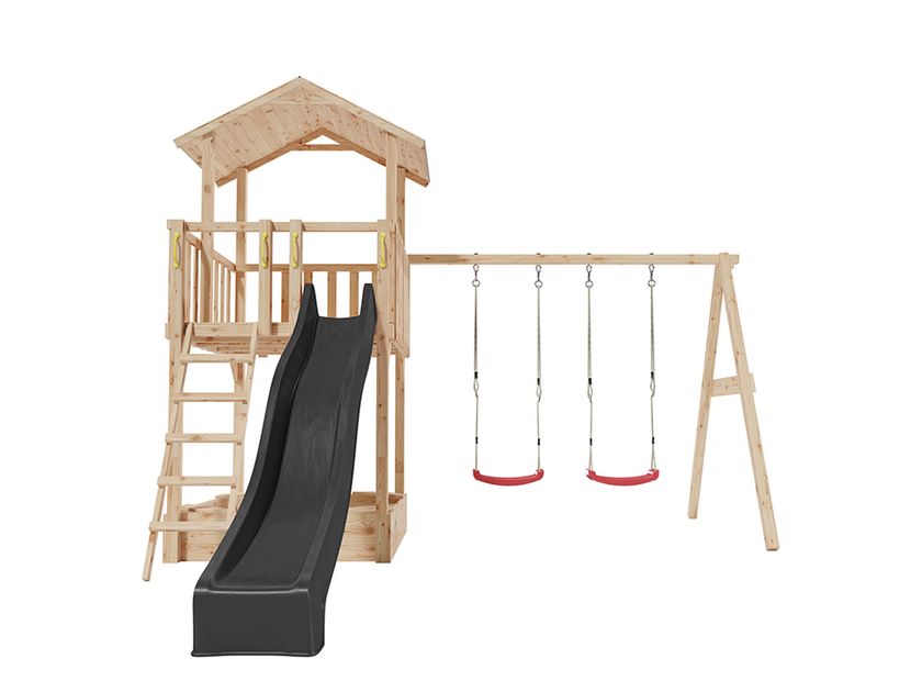 Spielturm Tilly Premium mit Doppelschaukel und grauer Rutsche, Freisteller