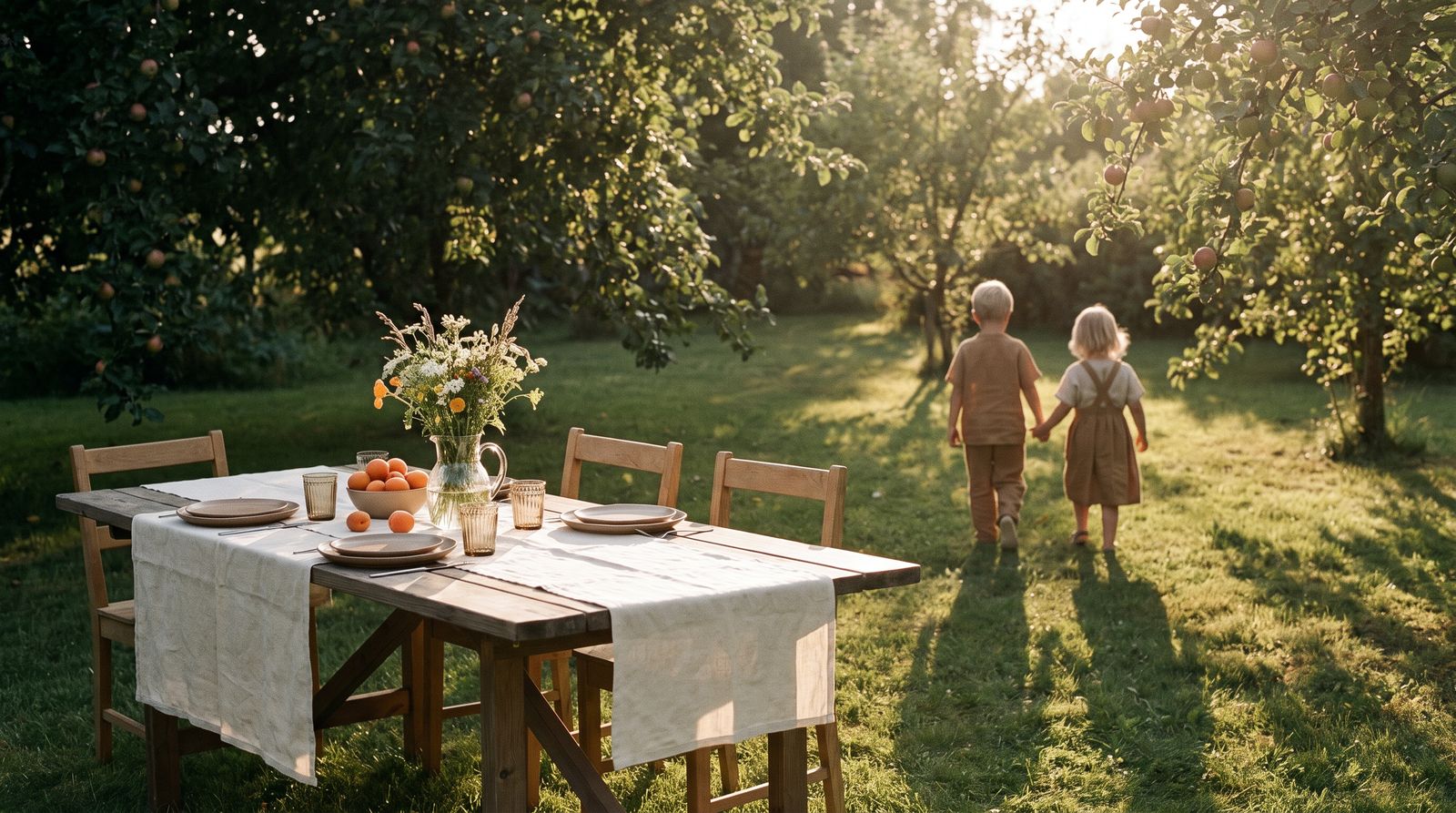 Gedeckter Holztisch mit Aprikosen und Wildblumen auf der Wiese im Abendlicht, daneben gehen zwei Kinder Hand in Hand